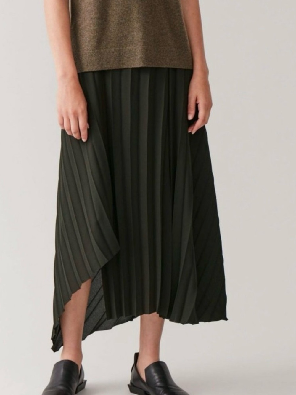 COS Olive Green Pleated Midi asymmetric Skirt